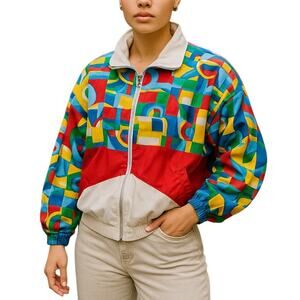 Vintage 90s Abstract Windbreaker Track Jacket L Blue Red Colorblock Streetwear